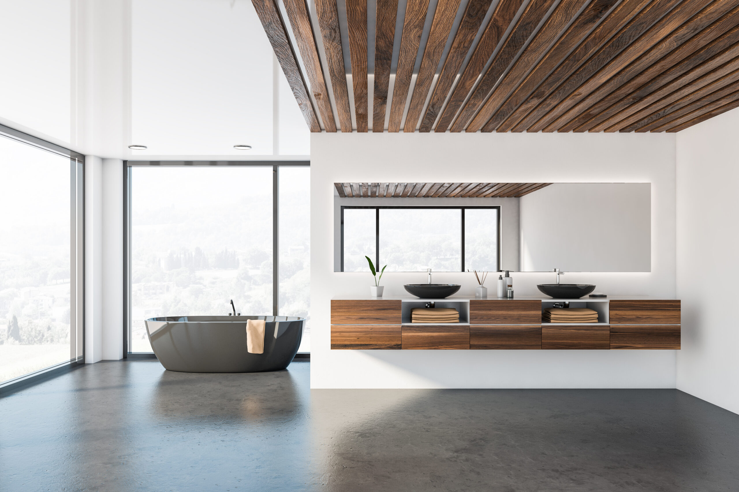 White and wooden panoramic bathroom interior